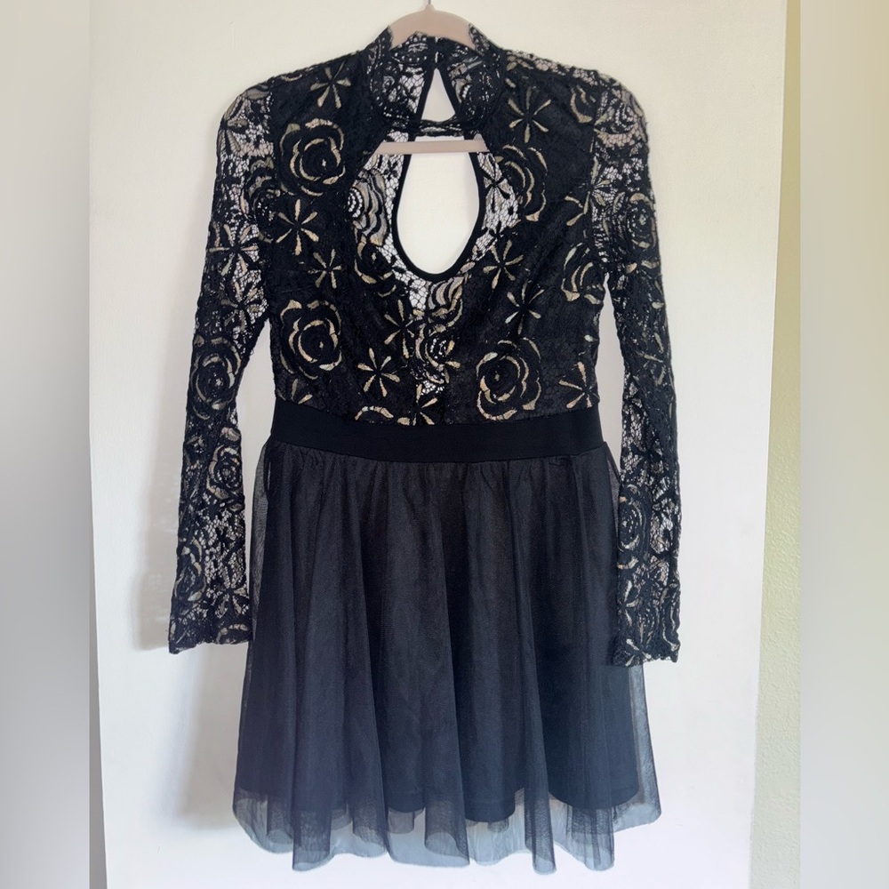 Windsor Womens Black Lace Dress with gold floral accents